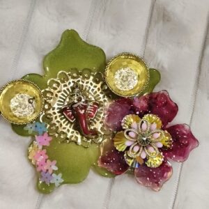 4 inches Green Floral-Shaped Pooja Thali – Compact, Colorful & Divine